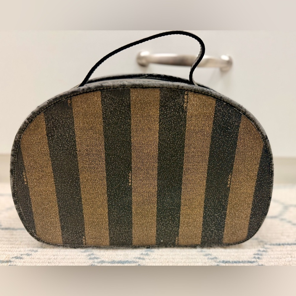 FENDI Vintage Pequin Stripe Brown Black Coated Canvas Vanity Case Cosmetic Bag - Picture 2 of 16